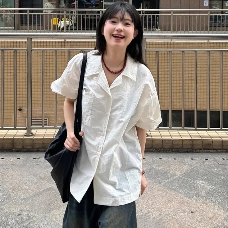 

Japanese Harajuku Vintage Turn Down Collar Short Sleeve Buttons Blouse Y2k Solid Simple High Street Women Clothes Lazy Punk Tops