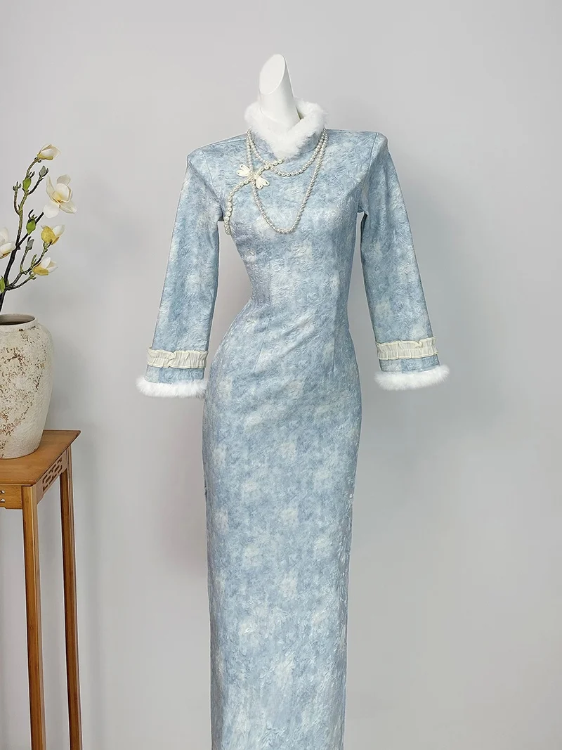 

Blue Fce Lined Thiened Young Sle Chinese Long Qipao Daily Winter Faionable Warm Long Sve Floral Pattern