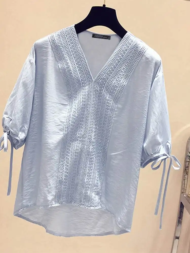 ZANZEA Vintage Solid Lace Women Blouse Korean Fashion Stripes Cuff Straps Tops Shirt 2024 Summer Half Sleeve V-Neck Loose Blusas