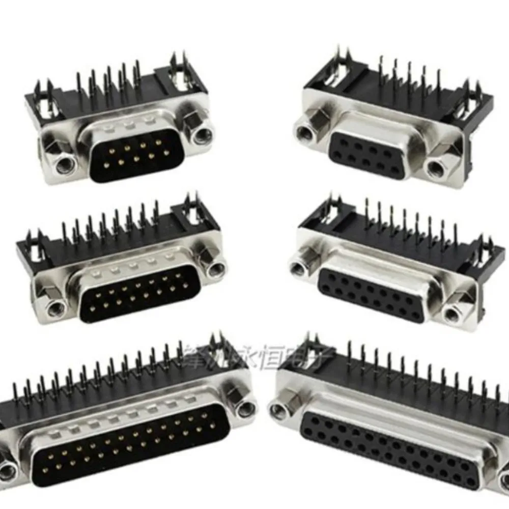 5PC Black Bending Pin Right Angle Connector VGA Serial Port DB Adapter DR9 DR15 DR25 DR37 Hole/Pin Female/Male For Circuit Board