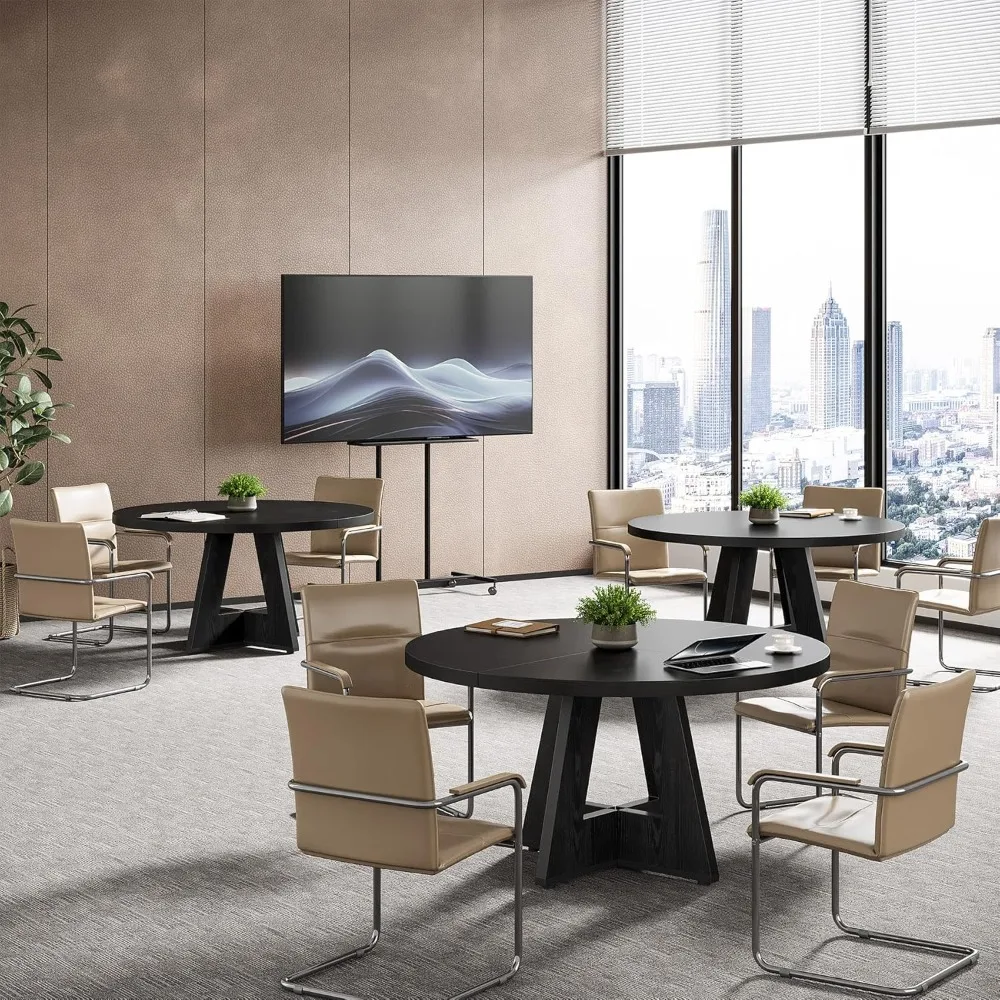 47-Inch Round Conference Table for 4-6 People, Wooden Meeting Room Table with Thicken Tabletop and Wood Base (Black)