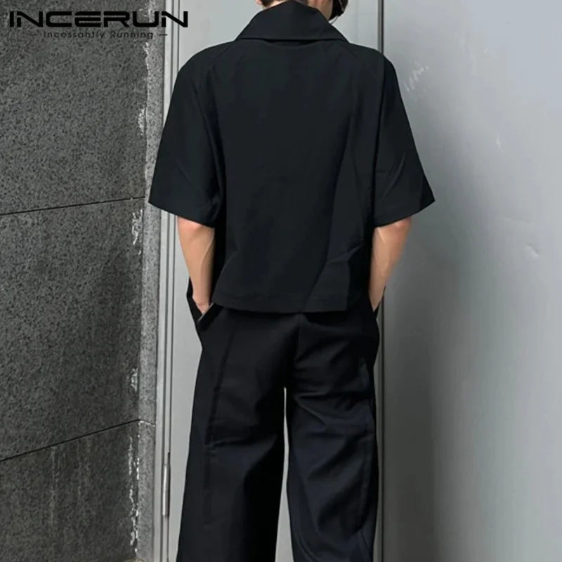 INCERUN Men Irregular Shirts Solid Color Lapel Short Sleeve Summer Casual Men Clothing Streetwear 2024 Fashion Male Shirts S-5XL