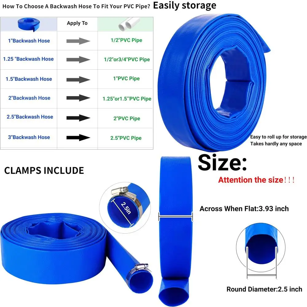 

Шланг для обратной промывки бассейна из ПВХ, 2,5 дюйма, 100 футов, синий, усиленный, с 2 зажимами, для отвода воды и фильтрующего насоса