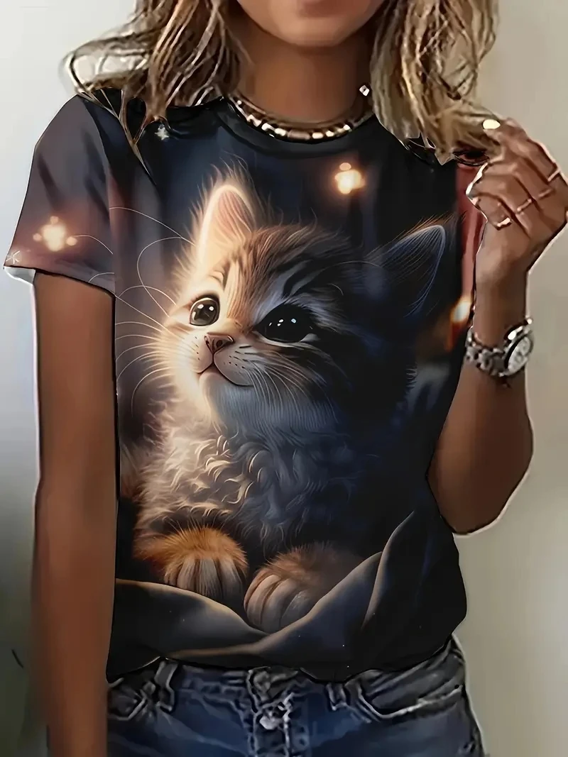 

Женская футболка с короткими рукавами и 3D-принтом размера PLUS с милым котом, свободная и повседневная, мягкая и удобная, дышащая