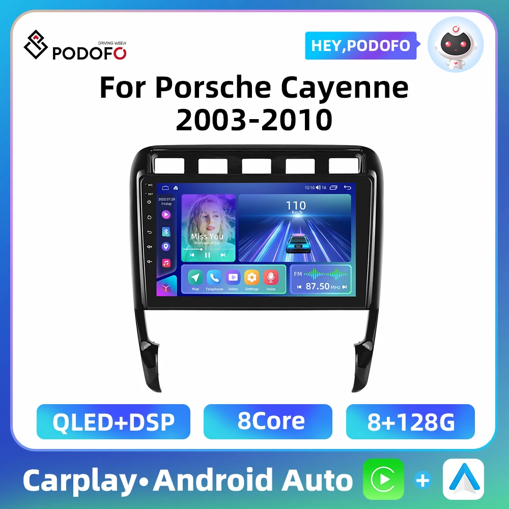 Podofo Android 9'' Car Radio For Porsche Cayenne 2003-2010 Carplay Android Auto 8+128G AI Voice WIFI 4G GPS Navigation Car Audio