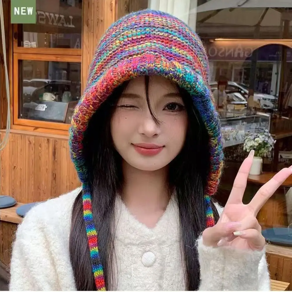 Rainbow Striped Knitting Beanie Hat Gradient Wool Handmade Crochet Crochet Cap Thick Knit Soft Fabric Warm Ear Cap For Women