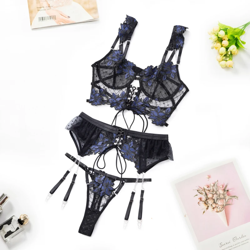 Bikini Sexy Thin Embroidered Bra Set Mesh Floral Lingerie Women's Garter Belt