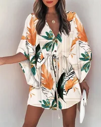 Summer Dress For Women 2024 New Floral Print Bat Half-Sleeve V-Neck Ruffle Irregular Hem Female Dress Casual Boho Women Clothes