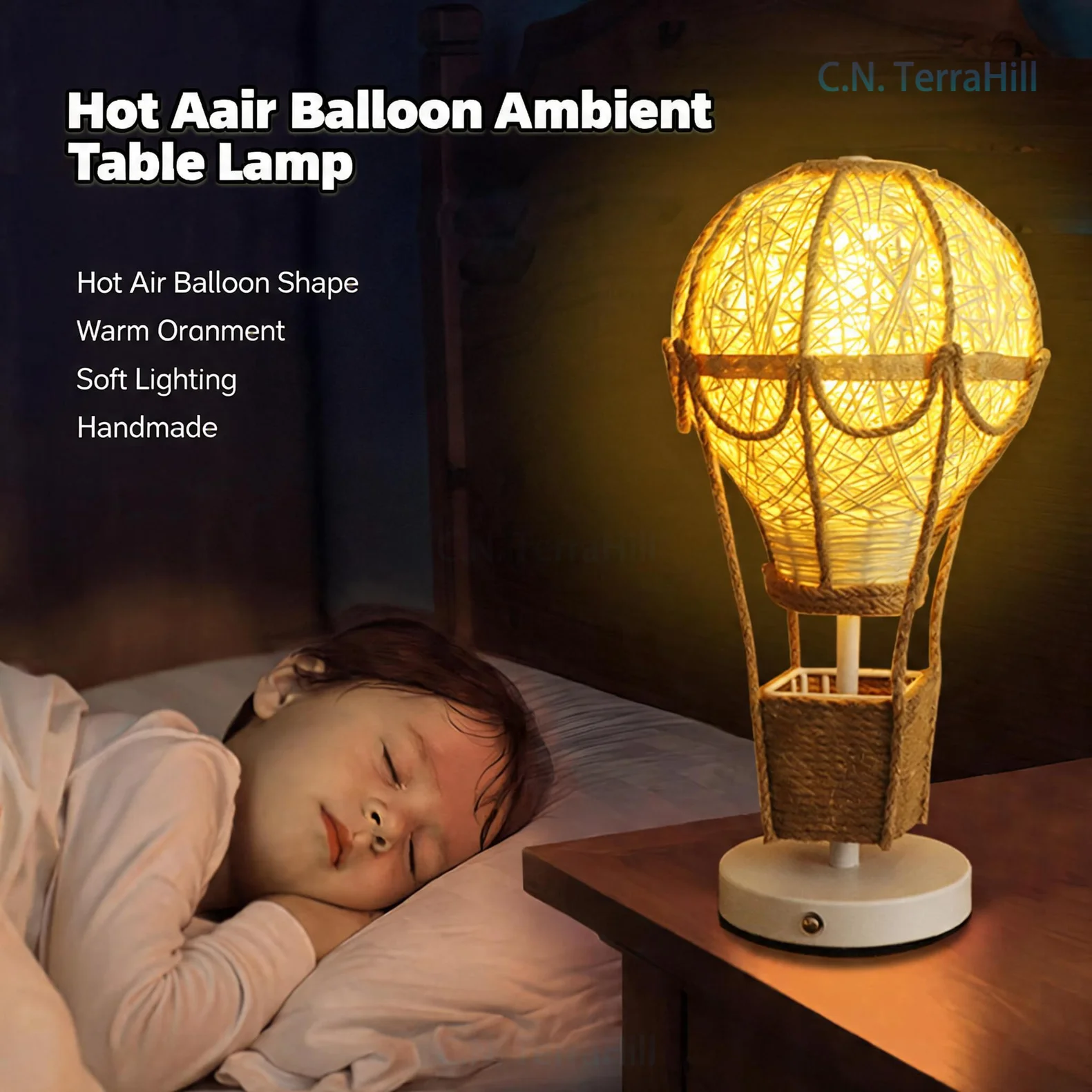 Woven Rattan Hot Air Balloon Lamp Shade Handmade Night Light for Kids Bedroom Birthday Decor