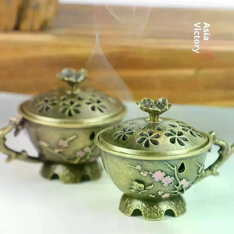 Plum Blossom Incense Burner With Handle Retro Plum Blossom Hollow Out Incense Stick Burner Zinc Alloy Small Craft Home Decor