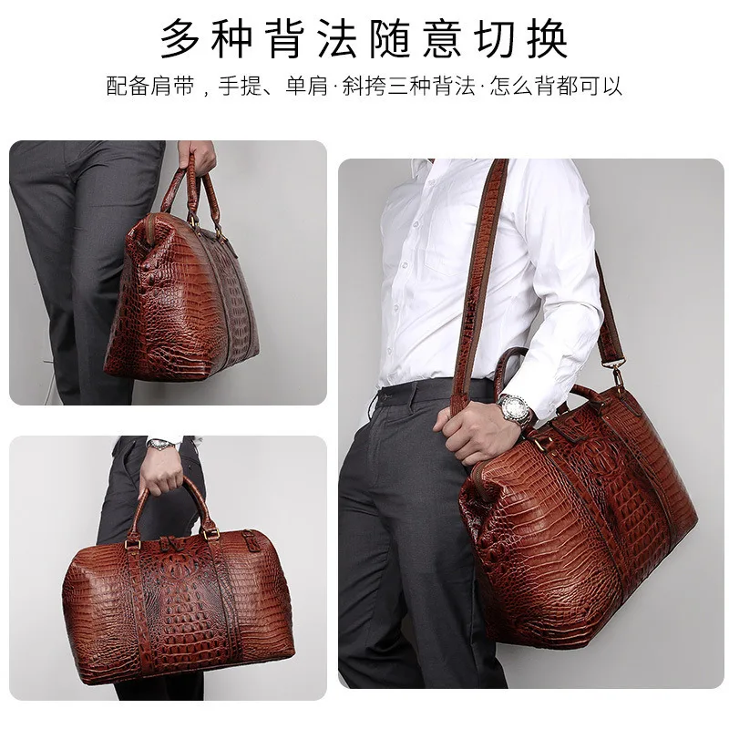 Fashionable Genuine Leather Men's Travel With Crocodile Pattern Embossed Large Capacity Hand Diagonal Cross Luggage Business Bag