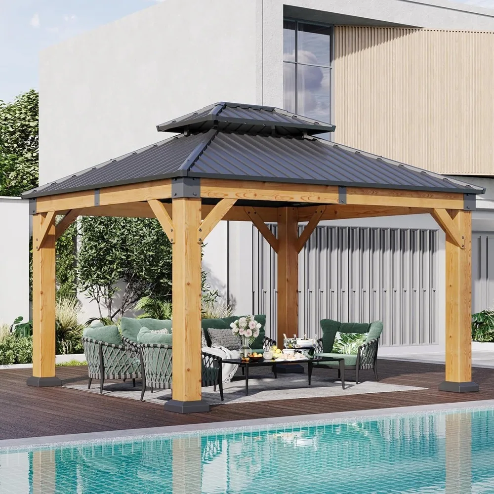 

10x12 Outdoor Wooden Gazebo Hardtop Galvanized Steel Double Roof Patio Garden Deck Cedar Natural Custom