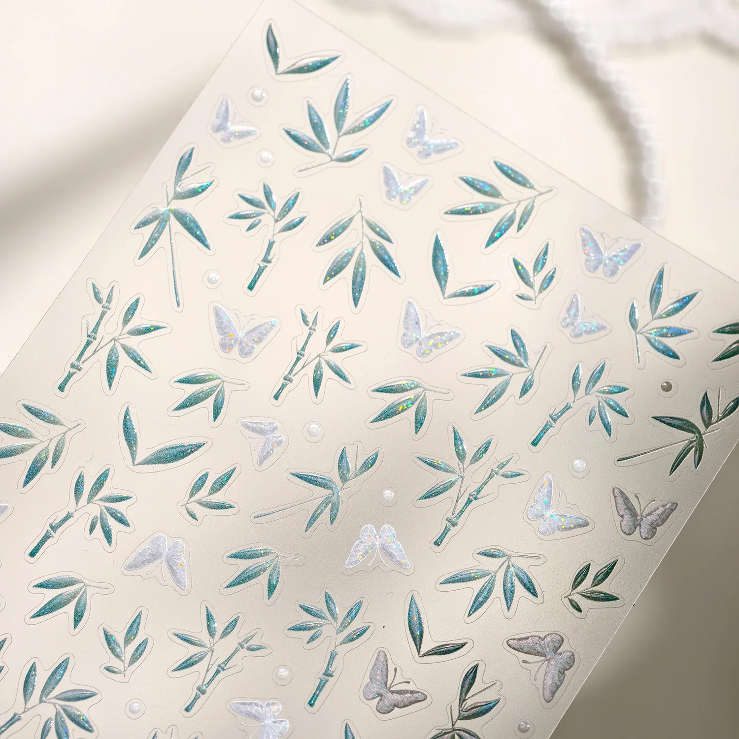 Mariposa brillante, hojas de bambú, planta, brillo polarizado, pegatinas autoadhesivas 3D para decoración de uñas, calcomanías de manicura de estilo chino al por mayor