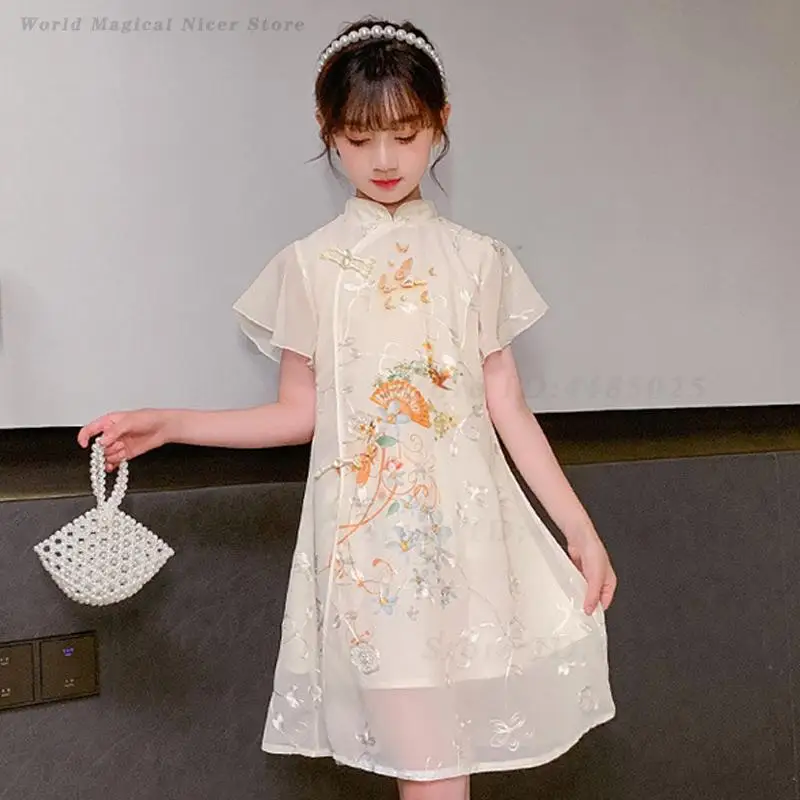 

Детское традиционное китайское платье для девочек: винтажный цветочный чонсам, ханьфу для выступлений, детское ципао с коротким рукавом