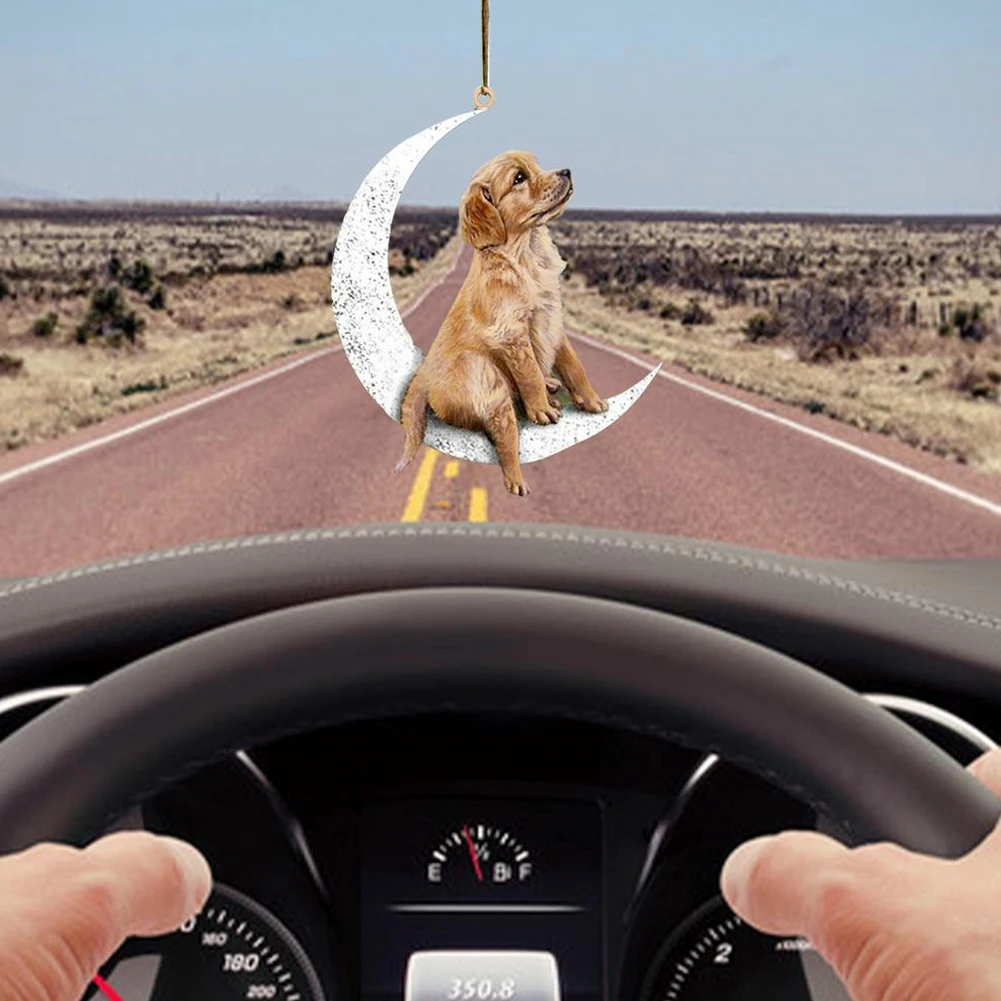 2D Car Rearview Mirror Pendant Dog Pendant Sitting On The Moon Cute Teddy Puppy Hanging Ornament Keychain Pendant interior Decor