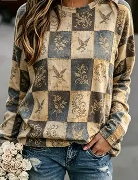Women's Vintage Plaid Floral Print Sweatshirt Brown Beige Bird Long Sleeve Crew Neck Top