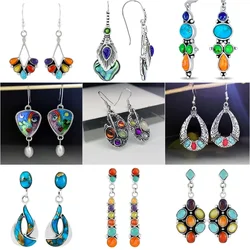 New Vintage Multicolor Stone Indian Jewelry Dangle Earrings for Women Retro Ethnic Tribal Drop Earring Statement Accessories