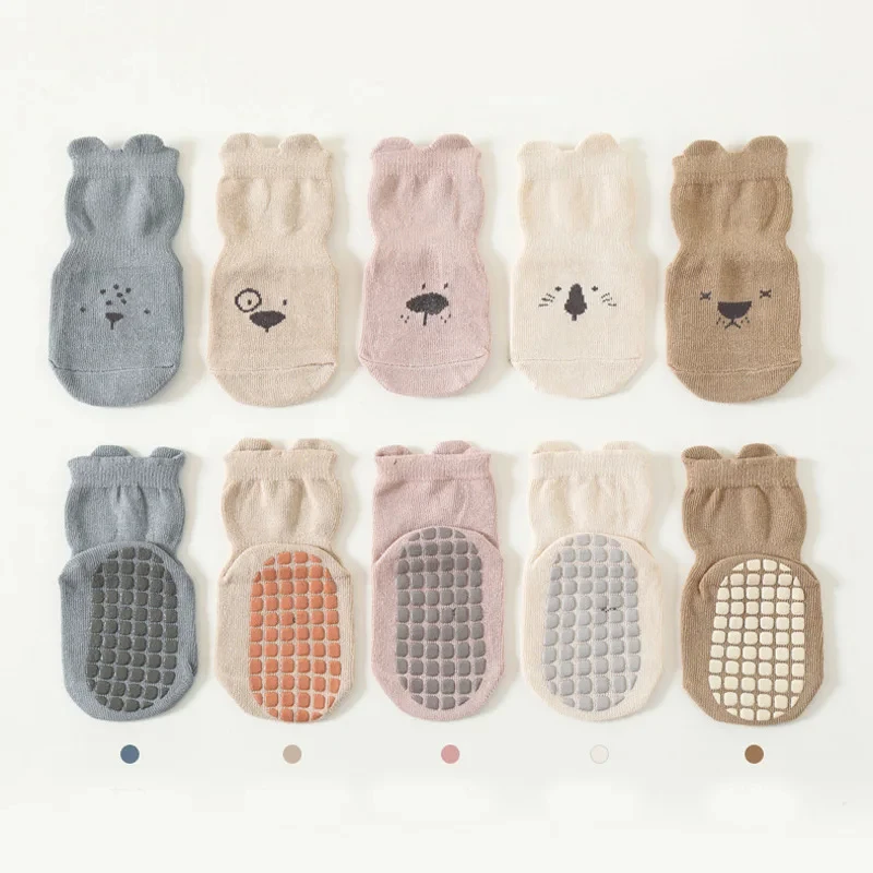 5 pairs of boys and girls' anti slip socks with cute cartoon animal patterns, comfortable and breathable baby floor socks