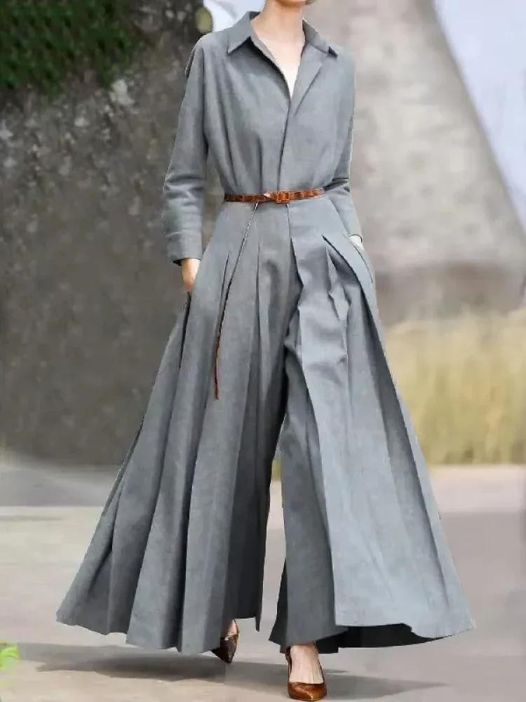 النمط البريطاني رمادي القفز الدعاوى النسائية مكتب قطعة واحدة ملابس عادية أنيقة التلبيب واسعة الساق مطوي حللا الإناث