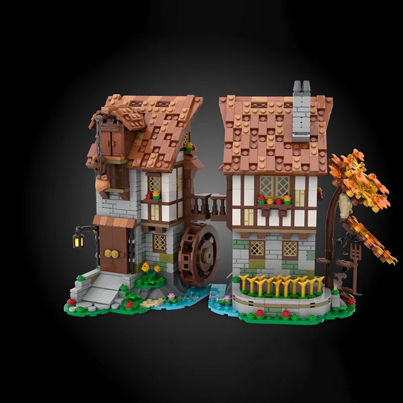 MOC- 119708   Medieval watermill arquitetura casa cabana blocos de construção kit smithy taverna castelo modelo diy crianças quebra-cabeça brinquedos presente