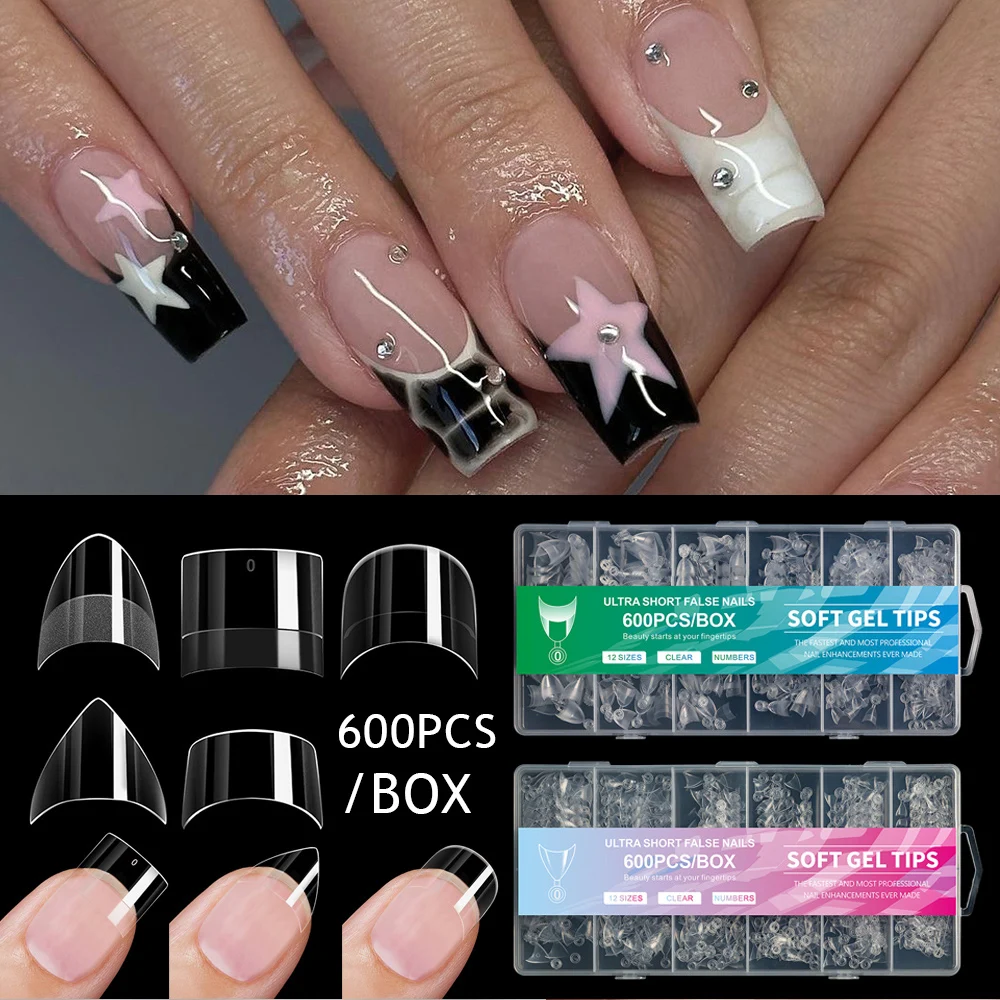 600pcs/Box Clear Short Nail Tips Half Cover Almond Mixed Fake Nail Extension Ultra Thin Traceless Manicure Patch DIY Nail Art