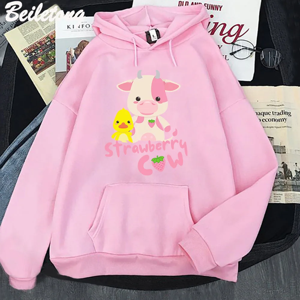 

Kawaii Strawberry Cow Hoodie Women Cartoon Printed Sudaderas Para Mujer Pink Clothes 2022 Spring Autumn Long Sleeve Daily Casual