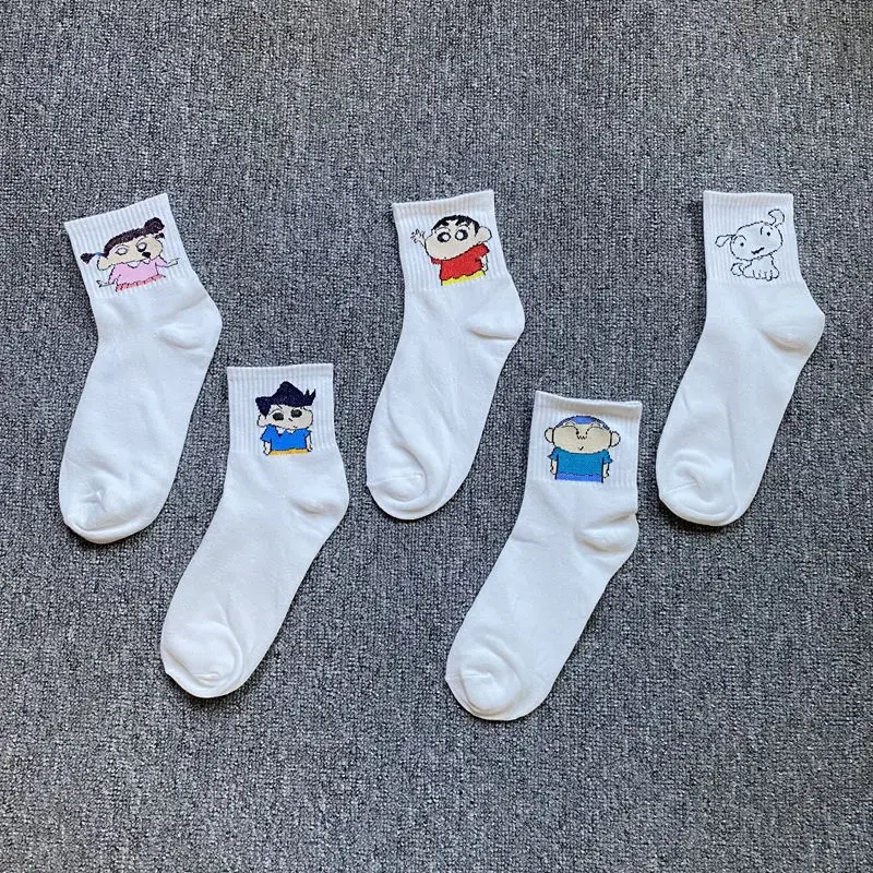 Crayon shin-chan hommes chaussettes blanches dessin animé Figure Nohara Shiro femmes respirant en Tube chaussettes Anime mode coton Sport chaussettes