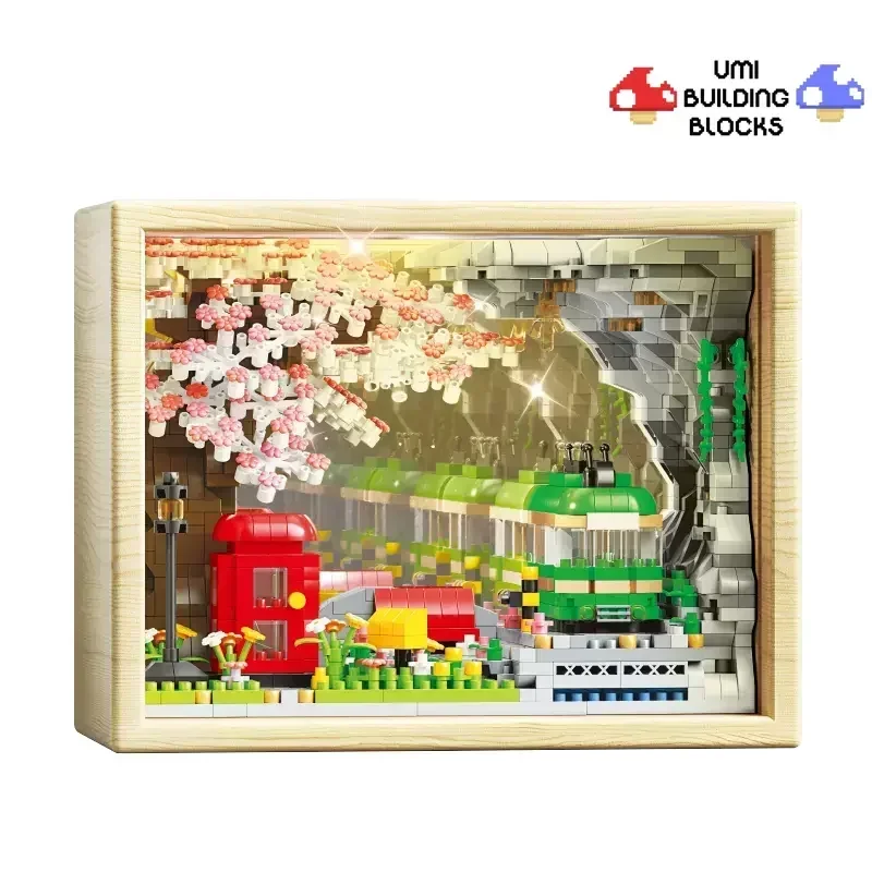 Sakura Train Mirror Assembly Building Blocks 3D Stereo Toys Desktop Assembly Ornaments Girl Creative Holiday Gift