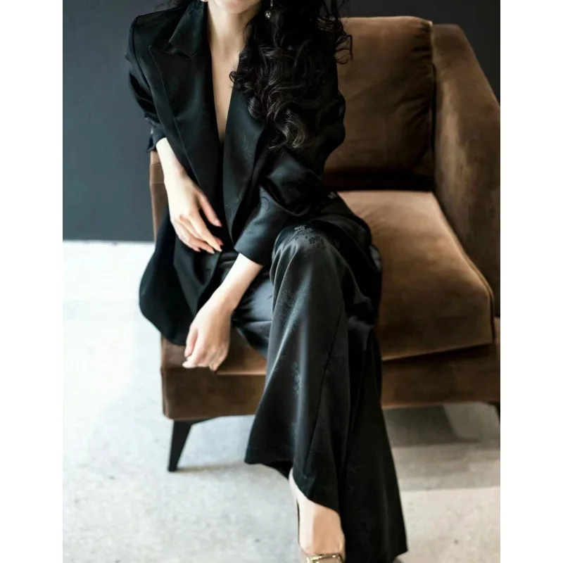 EAEOVNI High End Women Black Two Piece Set Fashion Jacquard Design Button Blazer Coat + Long Pants Temperament 2025 Autumn New