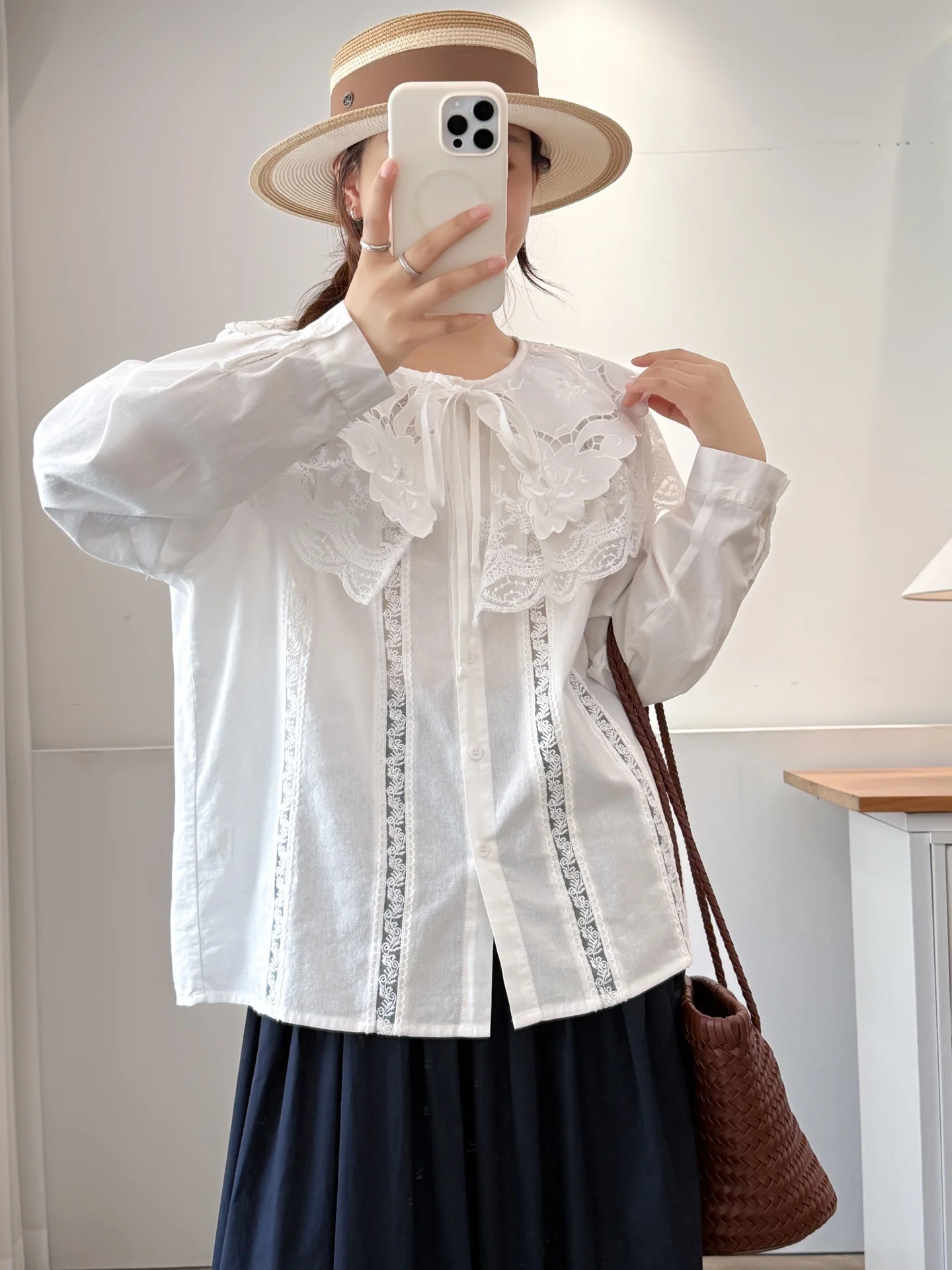 Japonais doux Mori fille dentelle broderie coton chemises femmes mignon Double couche col claudine à manches longues décontracté Blouse ample