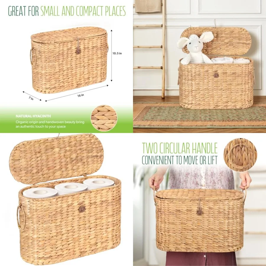 

Toilet Paper Storage, Water Hyacinth Baskets with Lid, Toilet Paper Baskets for Storage Holder 6 Rolls, Papers Basket with Buil