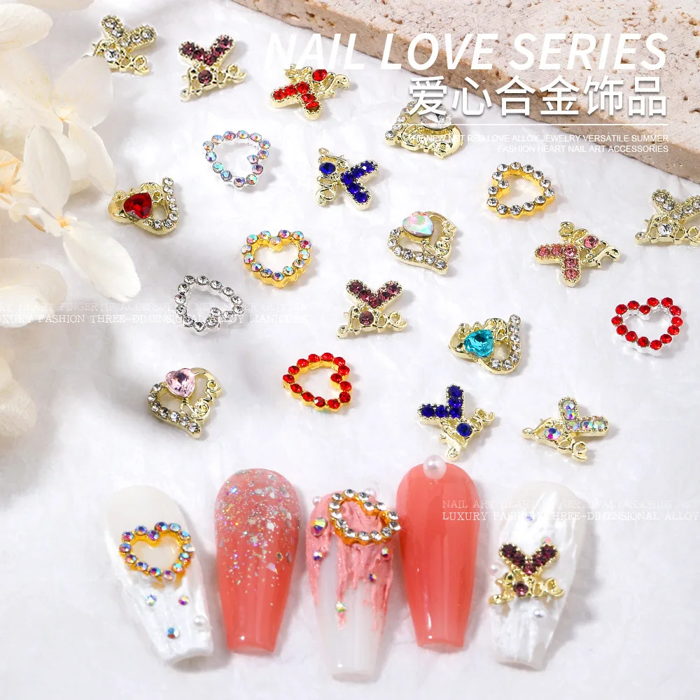 10PCS 3D Luxury Alloy Love Heart Nail Art Rhinestone Frame Charms Accessories Parts For Nails Decoration Manicure Supplies Tool