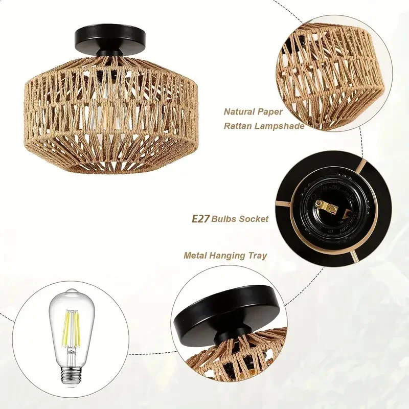 

Hand Woven Rattan Ceiling Light Fixture - Natural Brown Color for Hallway Bedroom Kitchen Entrance Living Room - Flush Mount