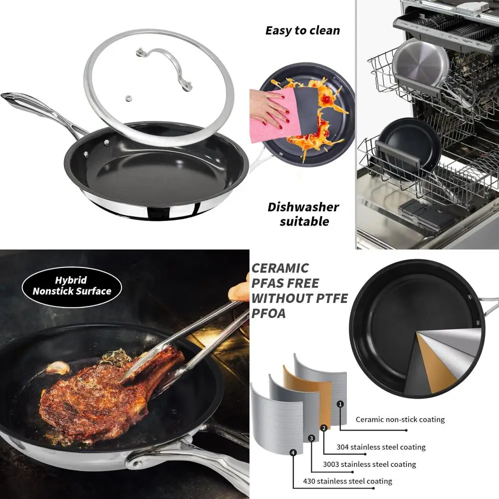 

Nonstick Ceramic Frying Pan with Lid - PFOA and PTFE Free, Oven and Broiler Safe, Thick 2.5mm Four-Layer Construction, Anti-Scal