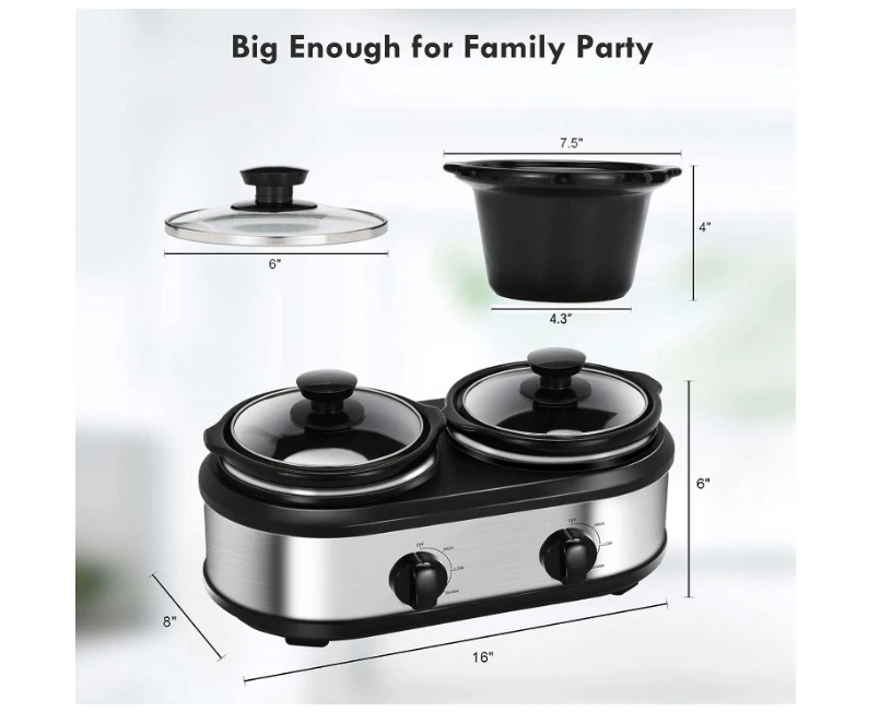 Double Slow Cooker, Buffet Servers and Warmers, Dual 2 Pot Slow Cooker Food Warmer, Adjustable Temp Dishwasher