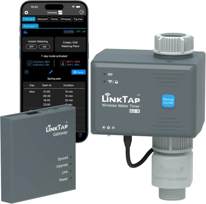 LinkTap G2S Wireless Water Timer &Gateway &Flow Meter -Smart Sprinkler Timer for Garden, Real-Time Fault Detection &Notification