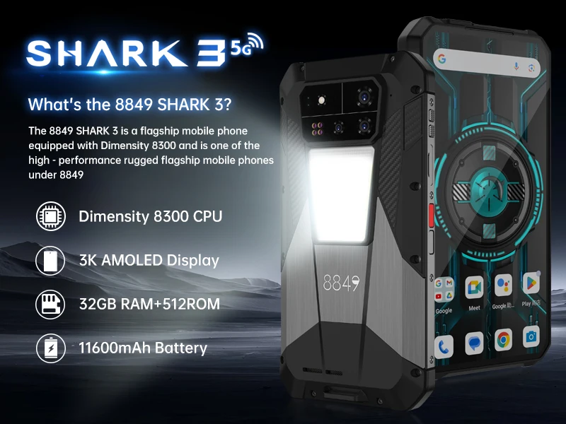 8849 SHARK 3 by Unihertz Rugged Smartphone Android 14 32GB 512GB Dimensity 8300 3K AMOLED Screen 11600mAh Night Camera 5G Phone