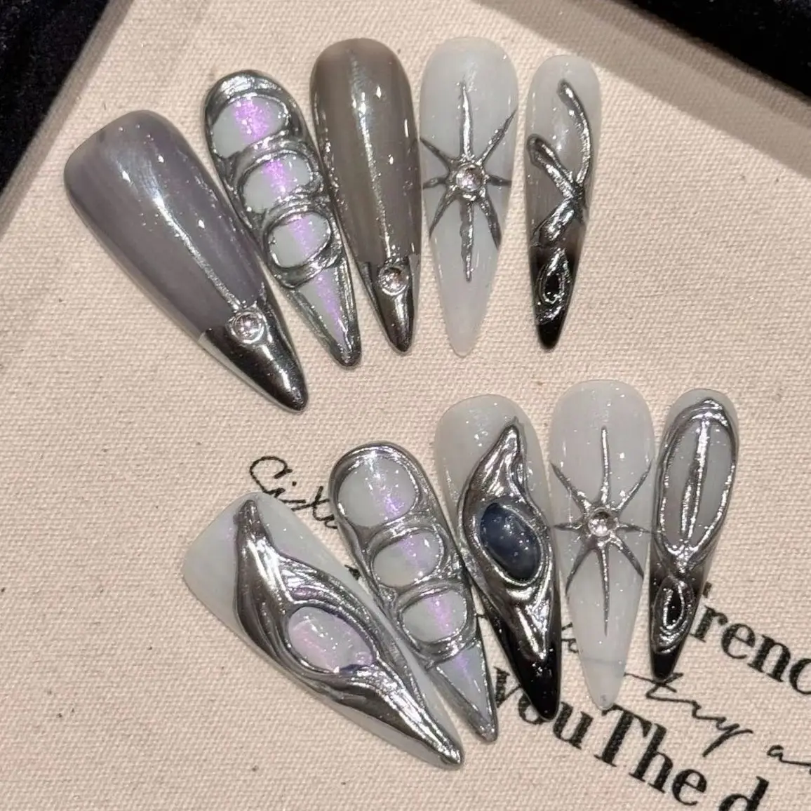 

10Pcs Long Almond Fake Nails Pink Golden Sweet Cool Press on Nails with Jelly Glue Metal Wearable Reusable Nail for Spice Girls