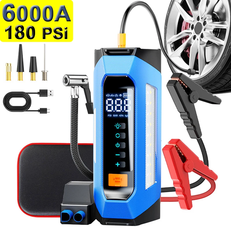 PSOOO 6000A Arrancador de batería de coche 12V Arrancador de batería de coche 100000 Alerta de emergencia del dispositivo de arranque automático del refuerzo del banco de energía portátil mAh