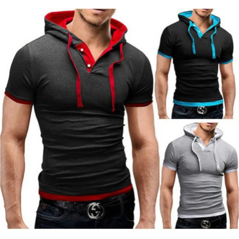 2024 Summer New Hot Selling Short Sleeved Rope Hooded Men\'s Short Sleeved T-shirt