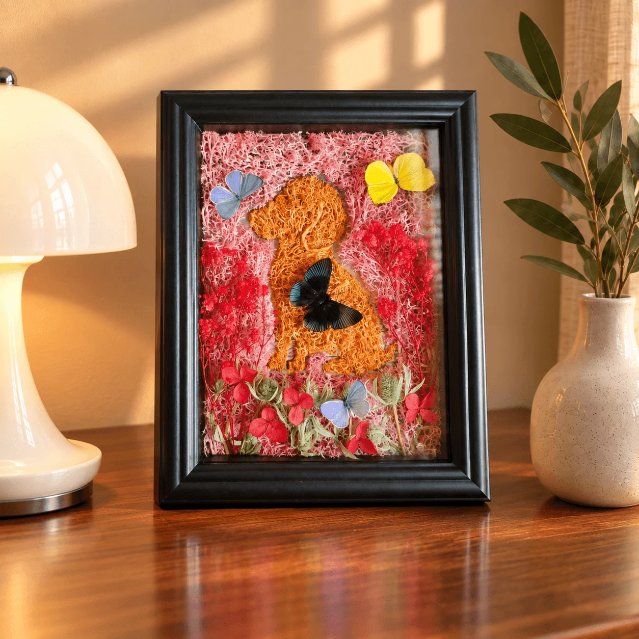 Preserved Moss Puppy Art Frame with Butterfly, Whimsical Forest Style Home Wall Desk Decor, Unique Nature Inspired Gift