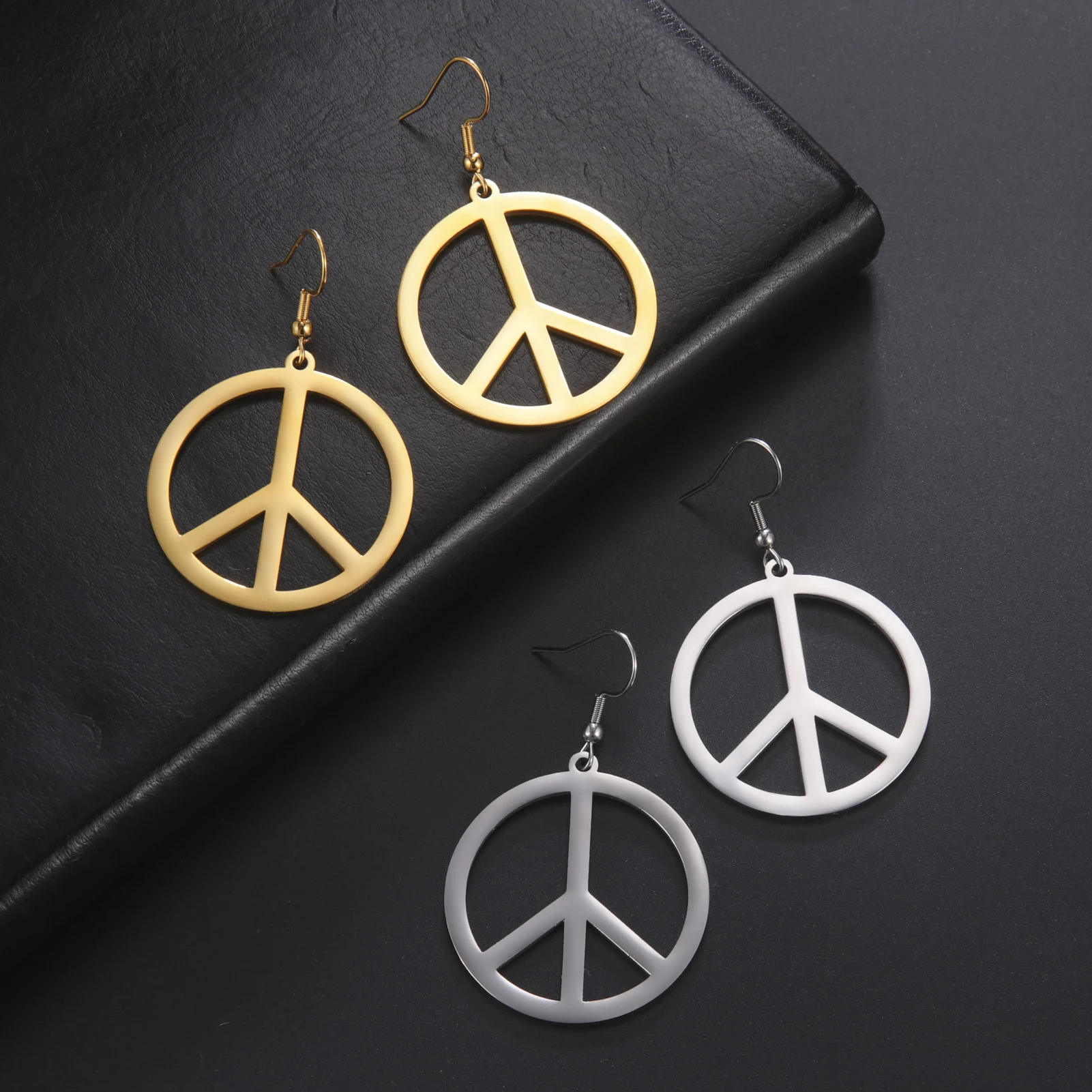 Sipuris Fashion Stainless Steel Peace Sign Symbol Drop Earrings For Women Retro Style Round Jewelry Gifts For Love Peace Person