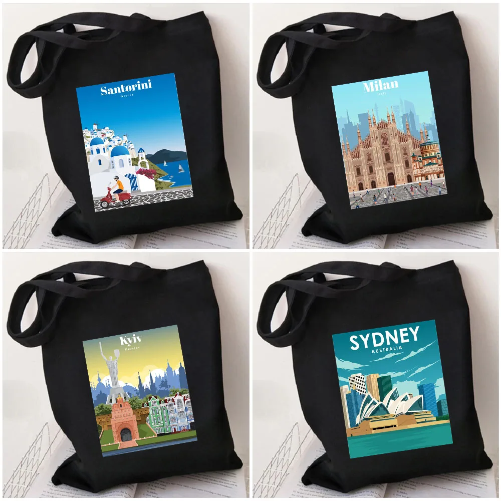 

Santorini Greece Sydney Tokyo Kyiv Ukraine Milan Rio De Janeiro San Diego Women Canvas Shoulder Cotton Tote Bag Shopping Handbag