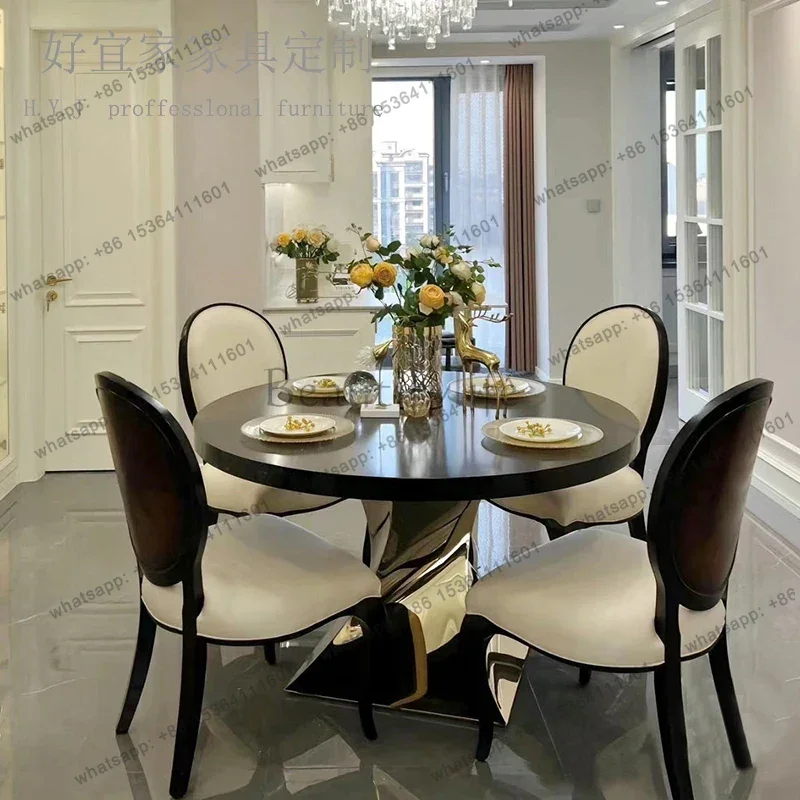 

Light luxury American solid wood dining table and chair combination modern simple metal household round French small apartment
