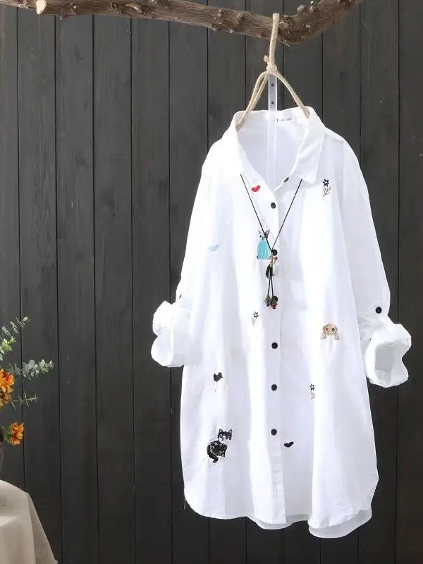 

plus Size Cotton Embroidery Loose Long White Shirts Women Cleanfit Style A-Line Sleeve Thin Non-Shrinkage Fashion Ladies