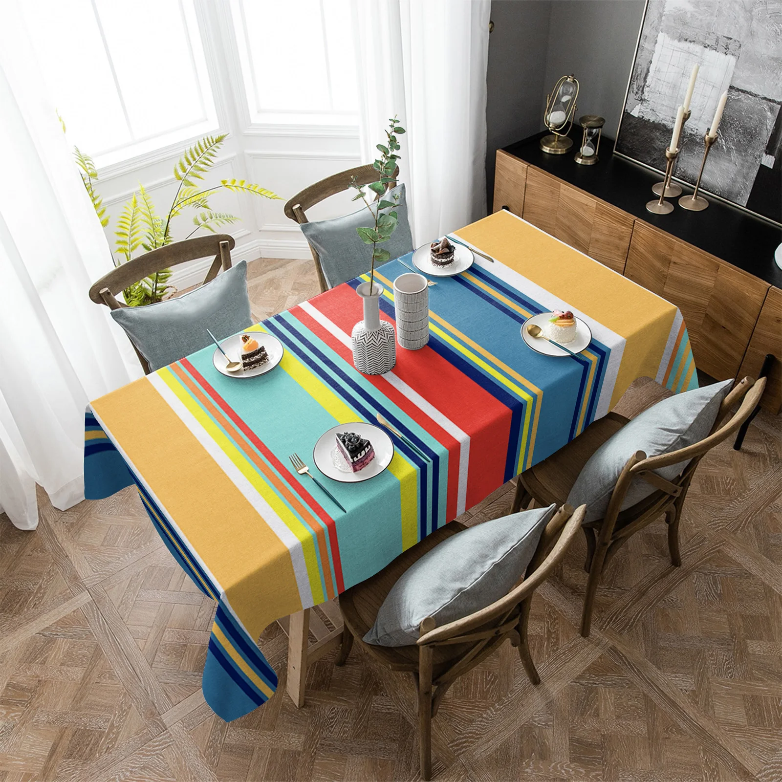 

Colorful Stripes Rectangular Tablecloth Dustproof Picnic Cloth Home Decoration Kitchen Waterproof Table Cover