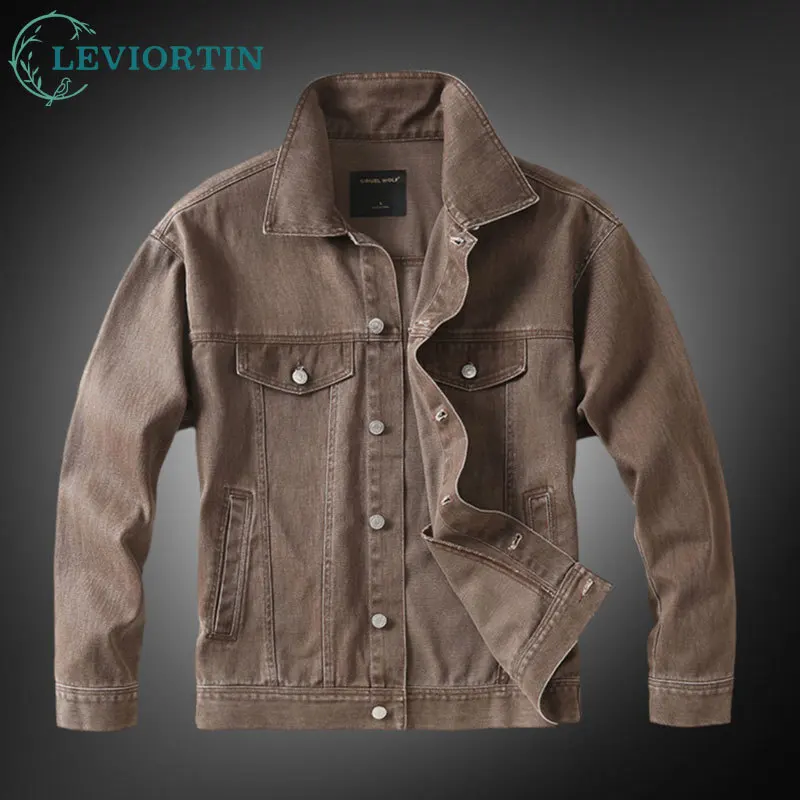 2024 Autumn Men's Heavyweight Denim Jacket Washed Cotton High Street Loose Workwear Jacket Trendy Lapel Outwear Coats