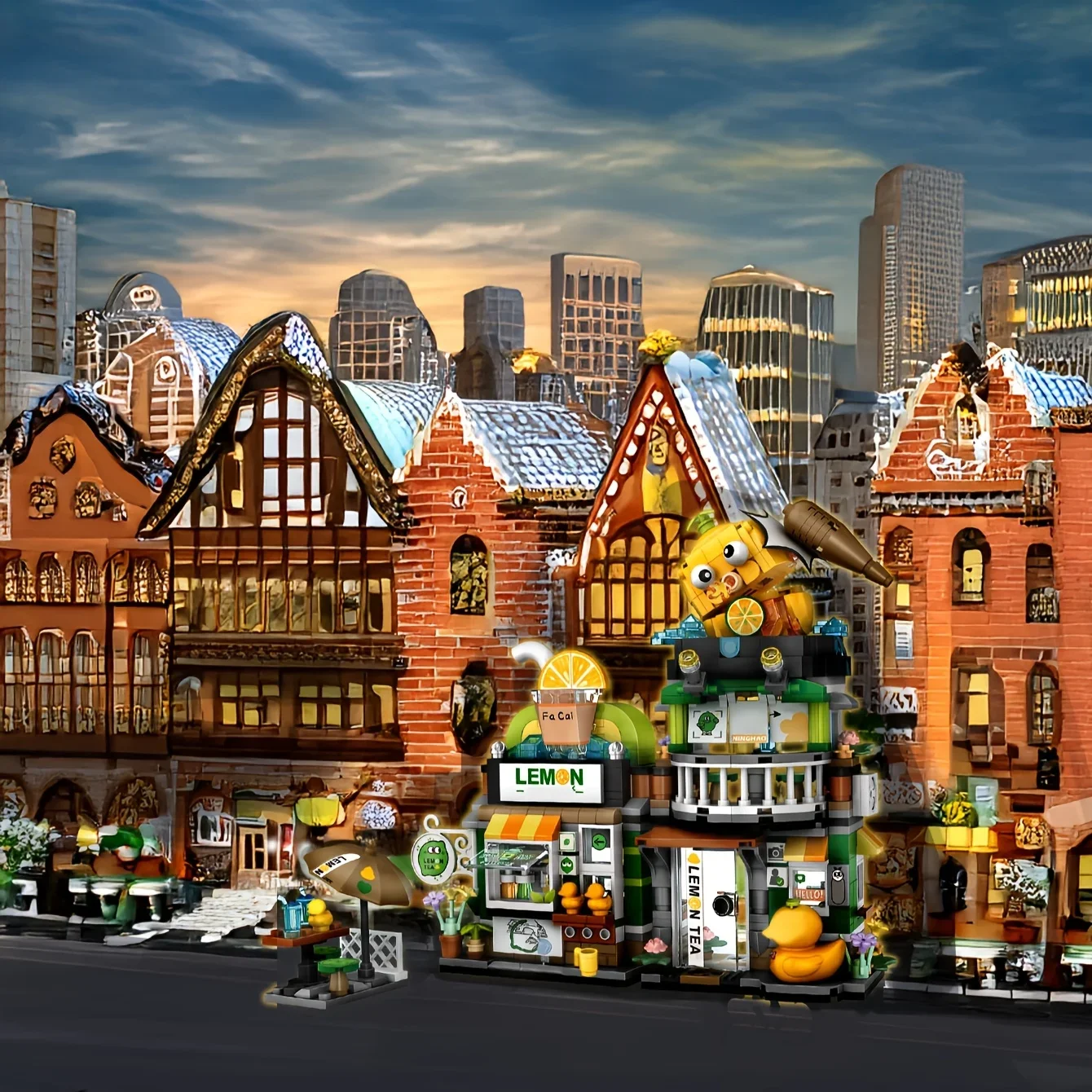 Street View Series Bausteine Izakaya Shaved Ice Shop Takoyaki Shop Café Panda Teehuis Modell Kindergeschenk