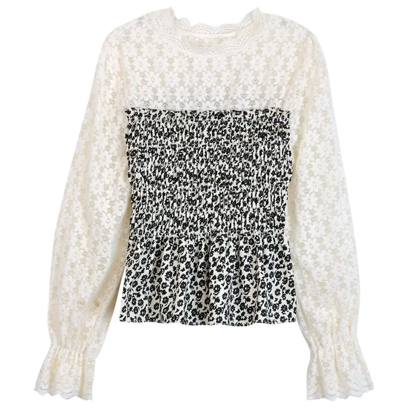 Mori Girl Style O-Neck Lace Print Patchwork Flare Sleeve Women Blouse Hollow Out Folds Pullover French Long Sleeve Inside Top