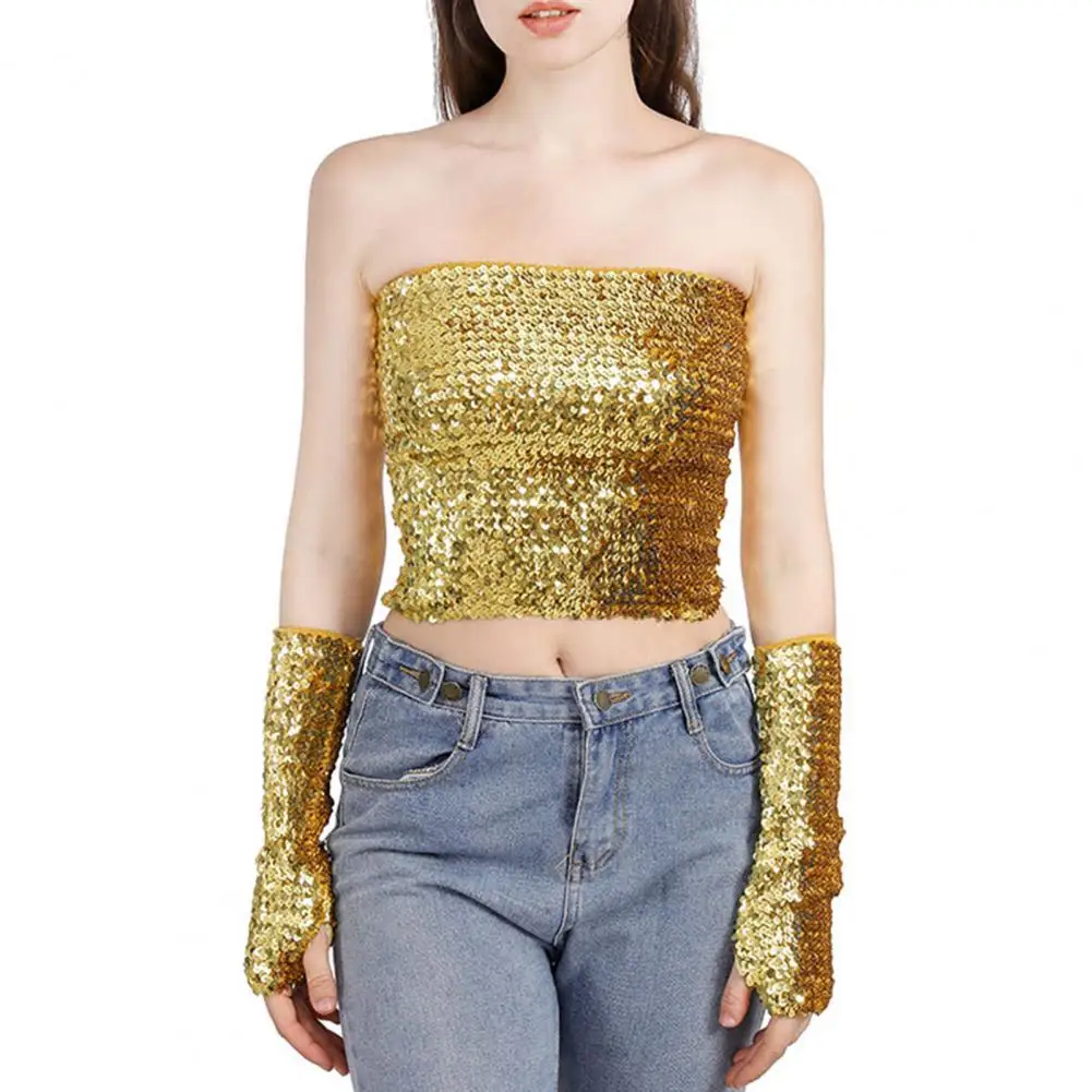 

Women Crop Top Off Shoulder Backless Shiny Sequin Glitter Waist-expoded Elastic Glitter Sequin Tube Top Clubwear Bandeau Top